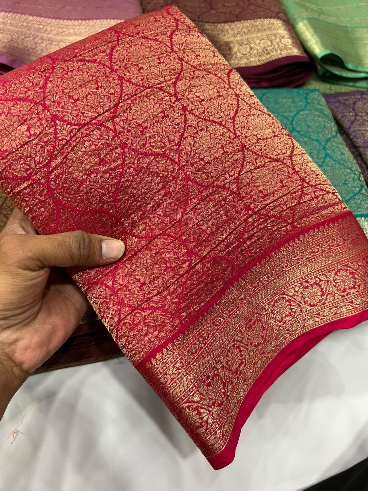 Pink premium wrinkle Chinnon brocade saree (SSW3400)