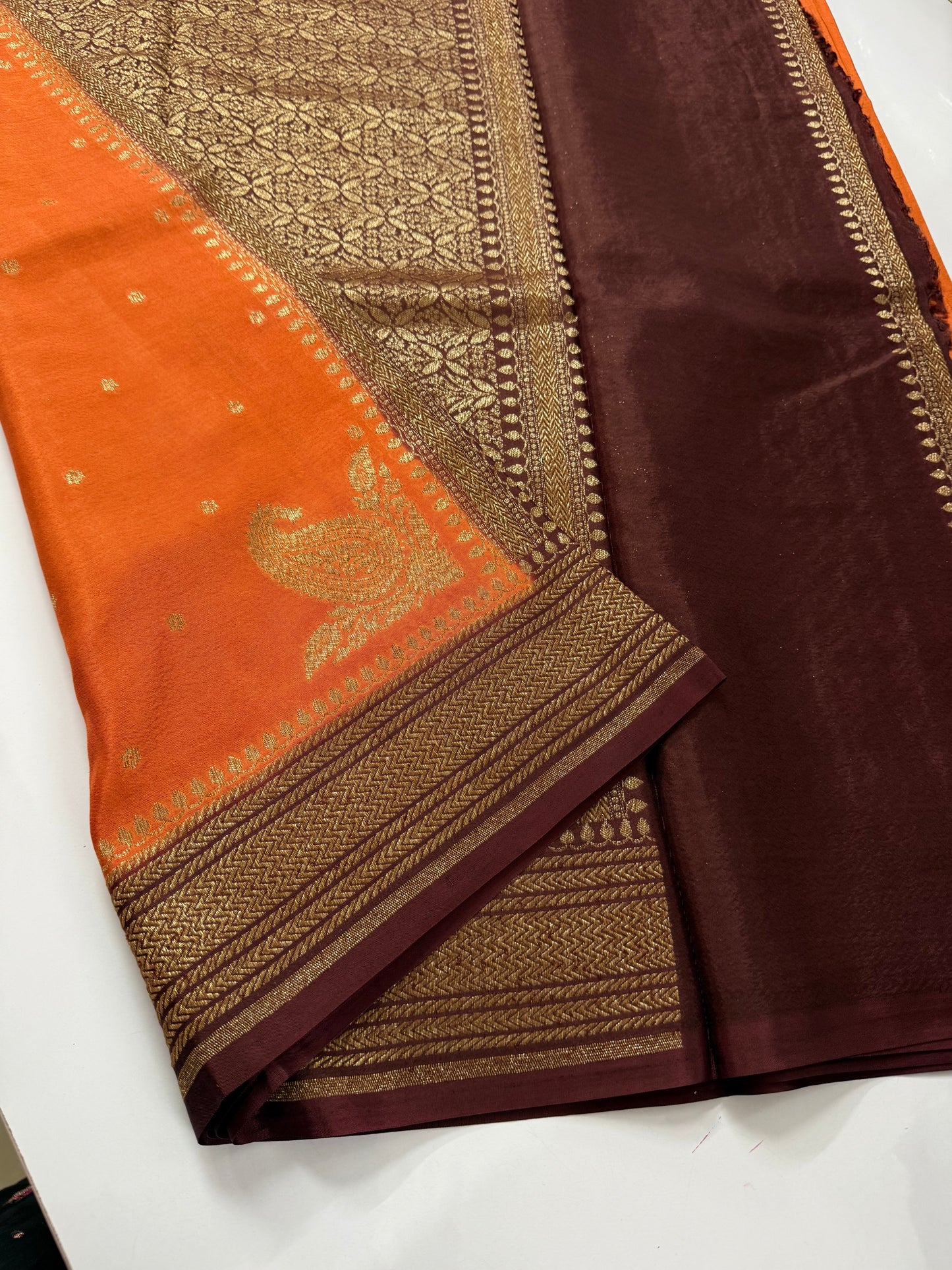 Rust orange with brown Pure Crepe chiffon banarasi saree with konia design