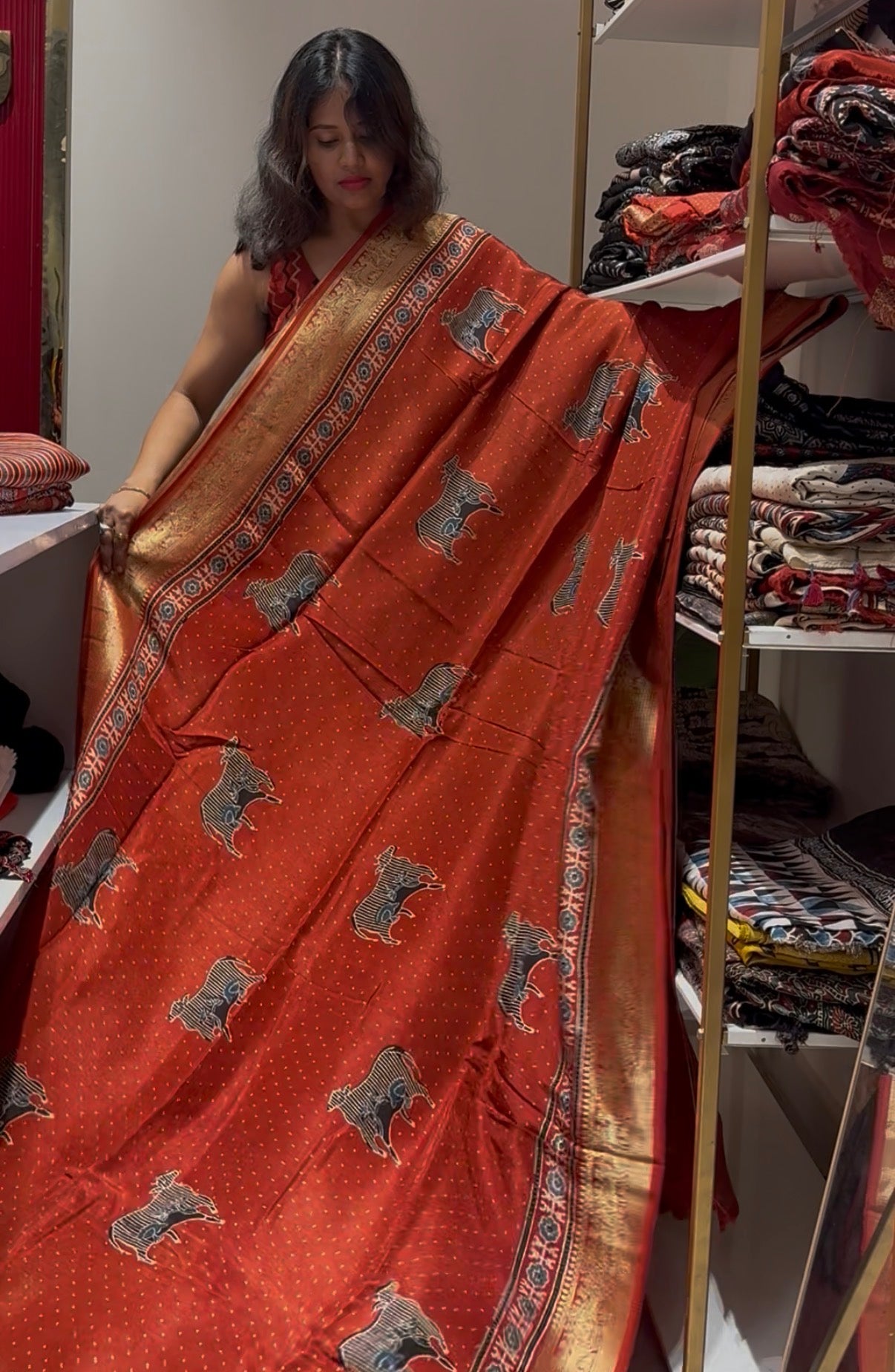 Dola Silk Saree with ajrakh hand block print