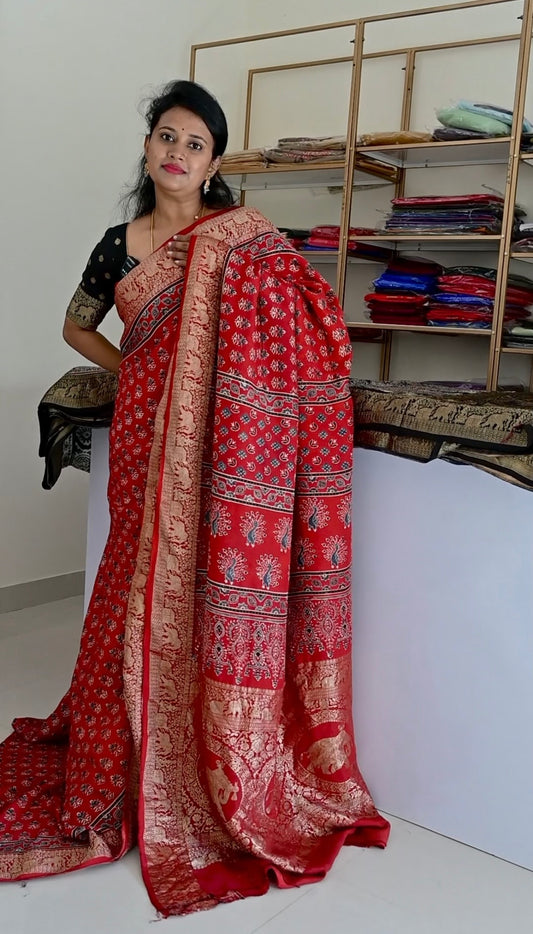 Premium Red Flower Dola Silk Saree