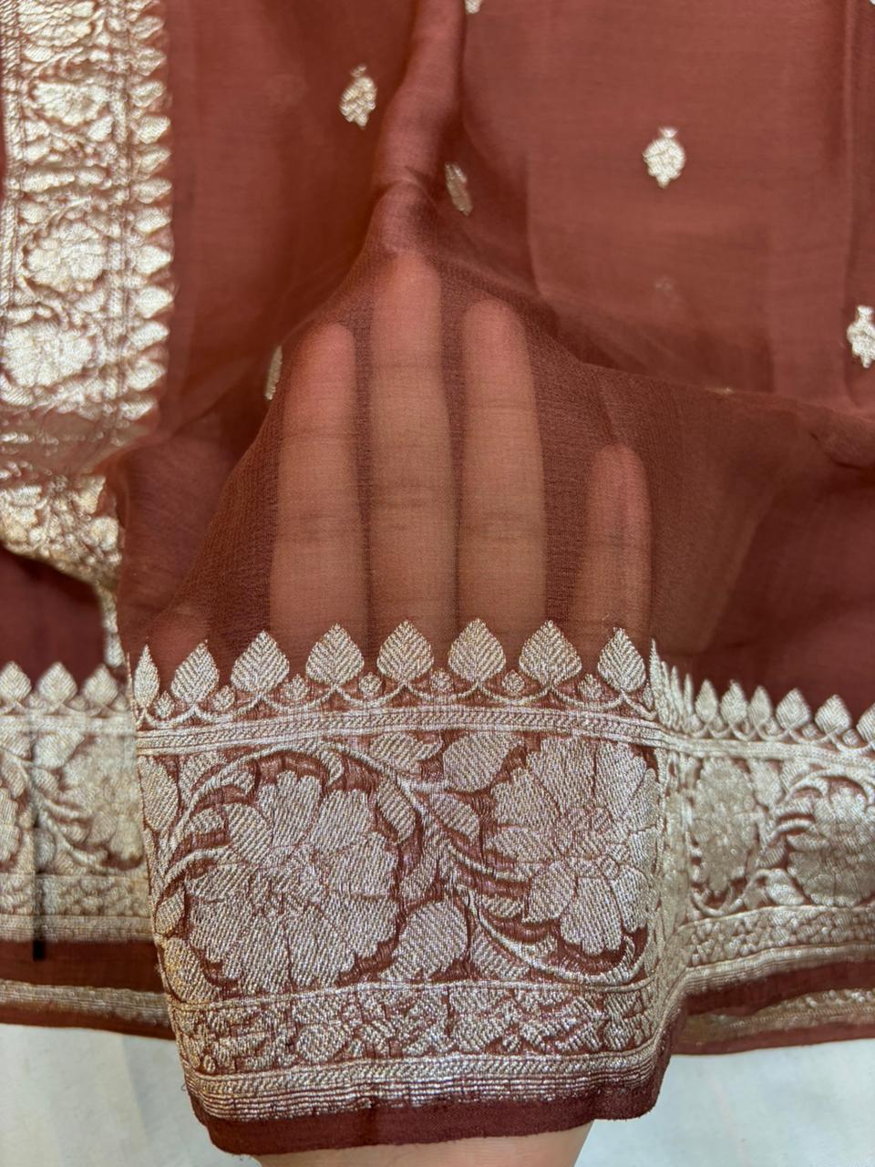 Chocolate Brown Pure chiffon Banarasi sarees
