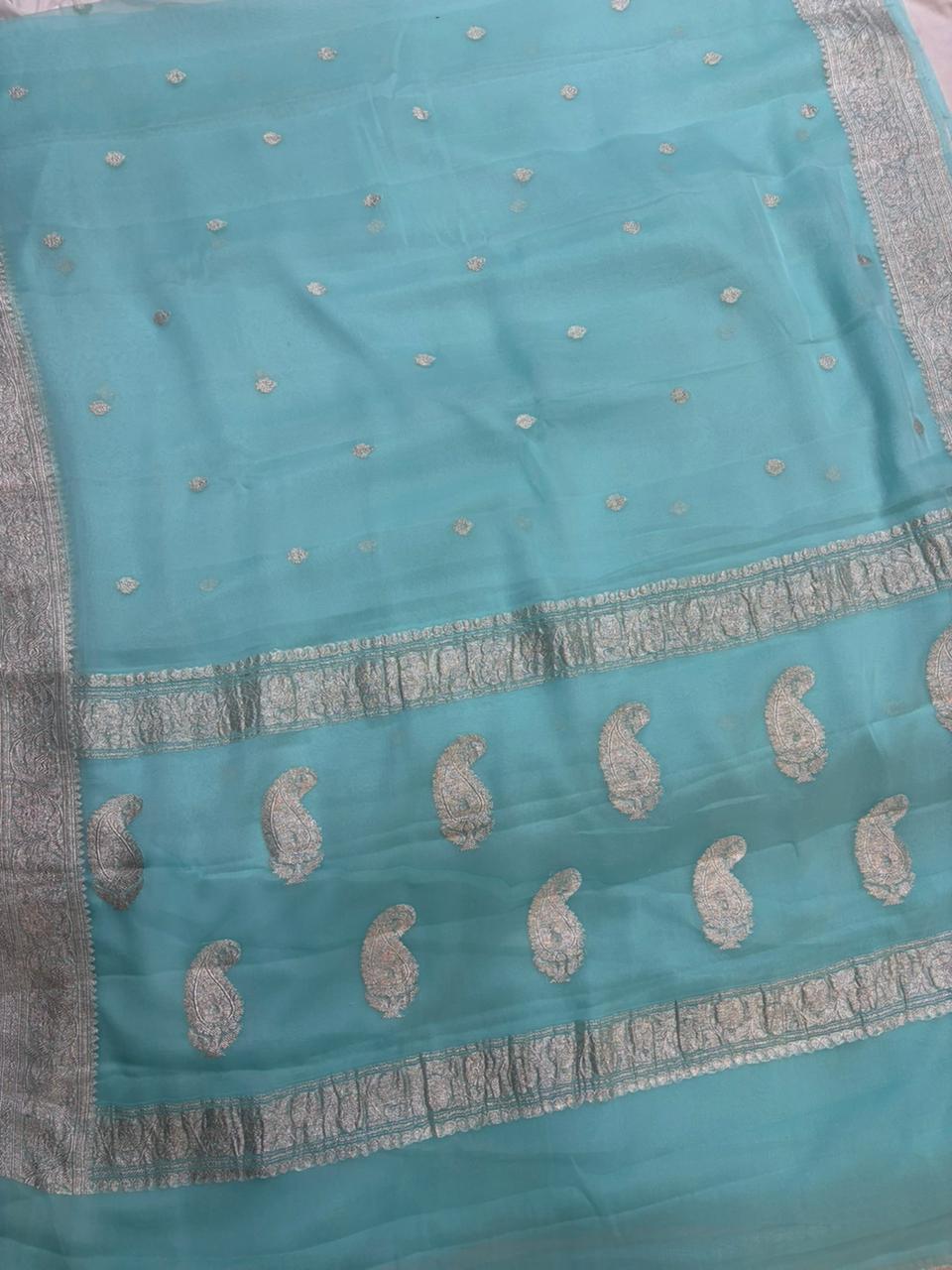 Blue green pure chiffon Banarasi sarees