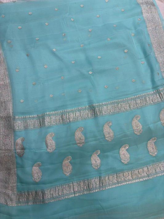 Blue green pure chiffon Banarasi sarees