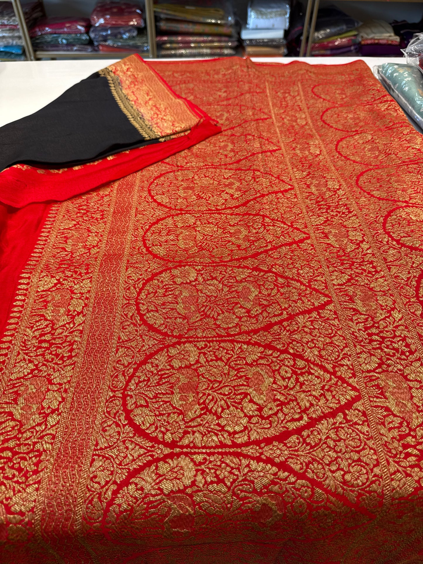 Black with red pure crepe Banarasi saree(CrepeBlack10)