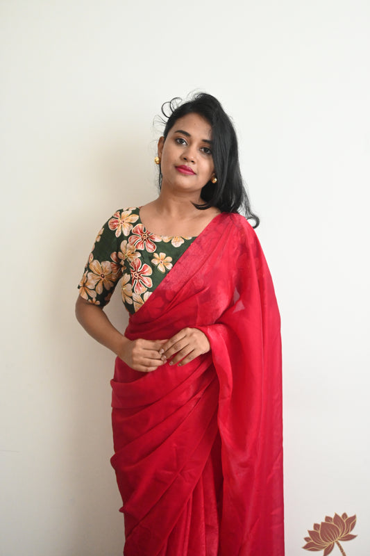 Red space silk saree with position embroidery blouse