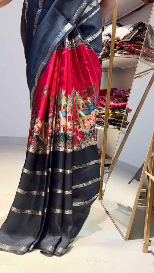 Black and red kalamkari Chinnon crepe silk saree