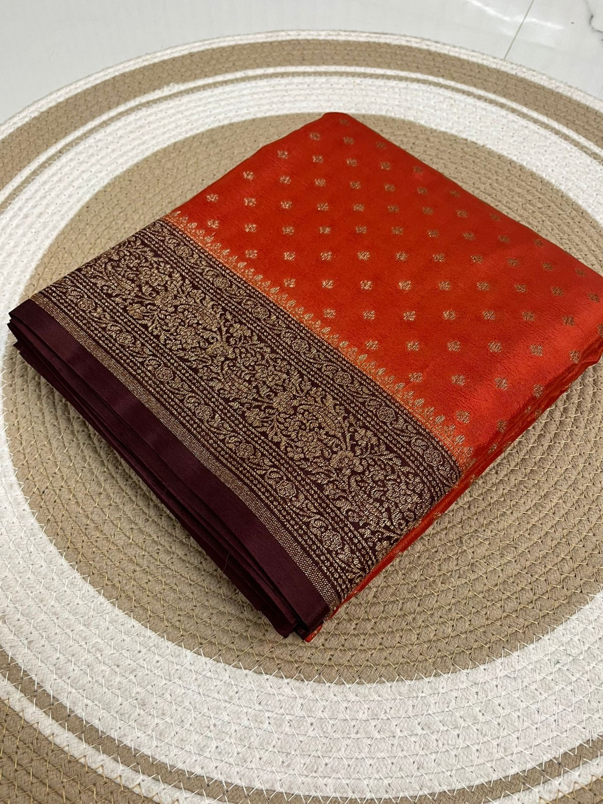 Rust orange with Brown Pure Crepe chiffon banarasi saree