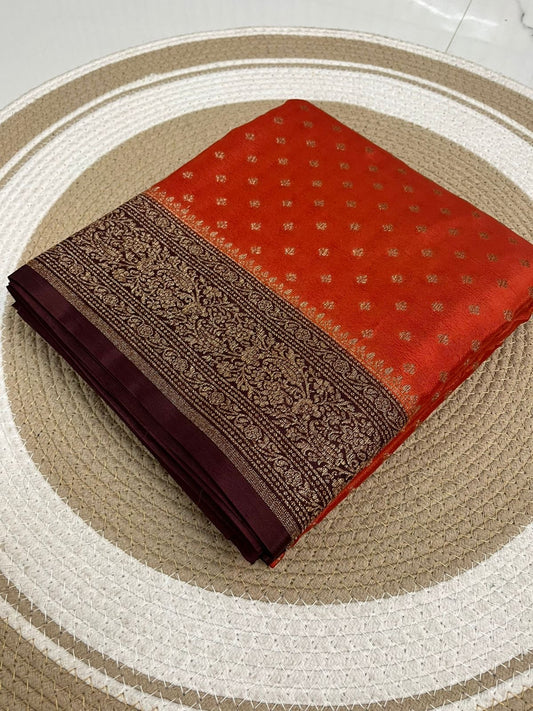 Rust orange with Brown Pure Crepe chiffon banarasi saree