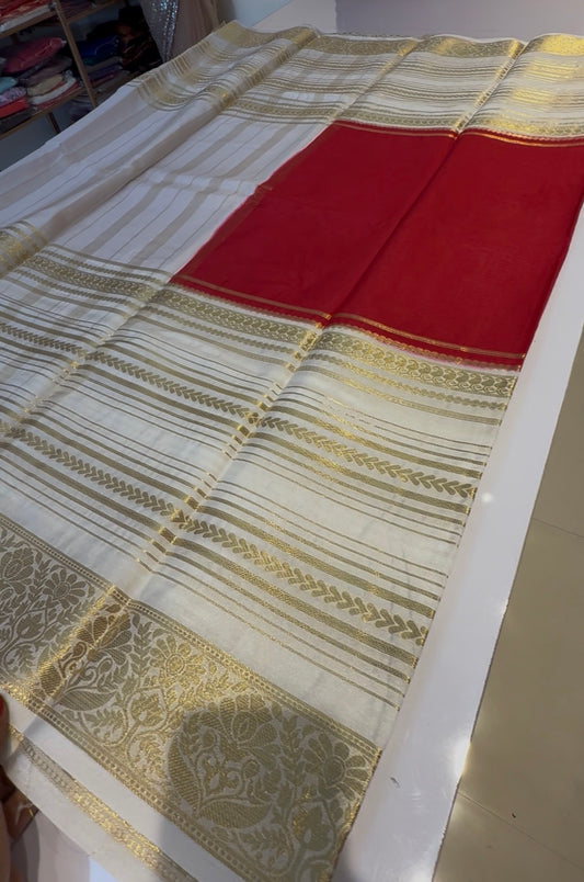 Red With Offwhite semi crepe silk saree