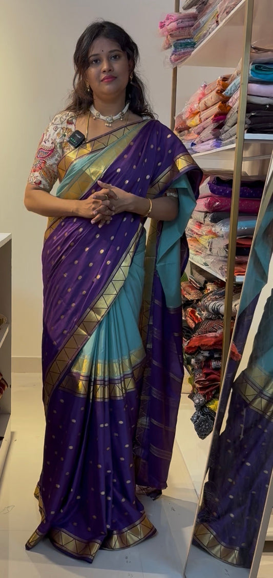 Aqua blue with purple half and half semi Mysore crepe silk saree