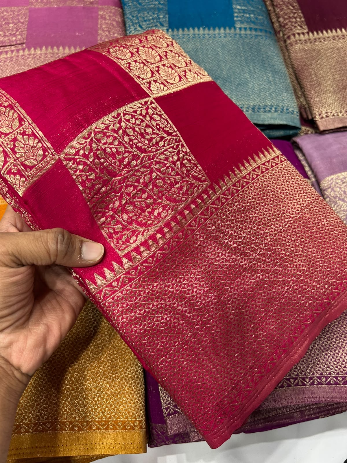 Hot pink georgette crushed zari saree
