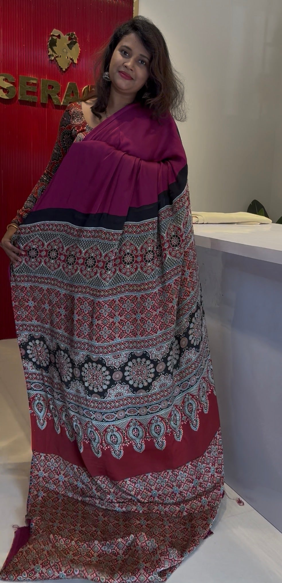 pure modal silk saree with ajrakh hand block print pallu and blouse