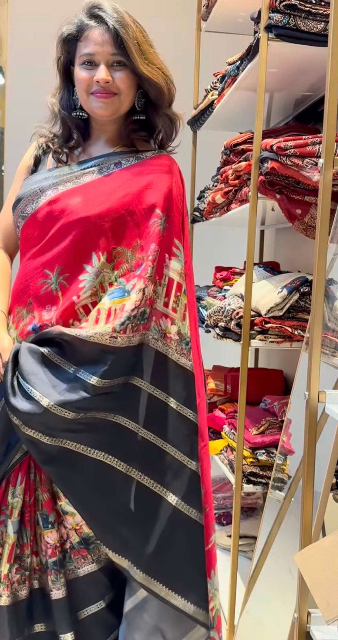 Black and red kalamkari Chinnon crepe silk saree