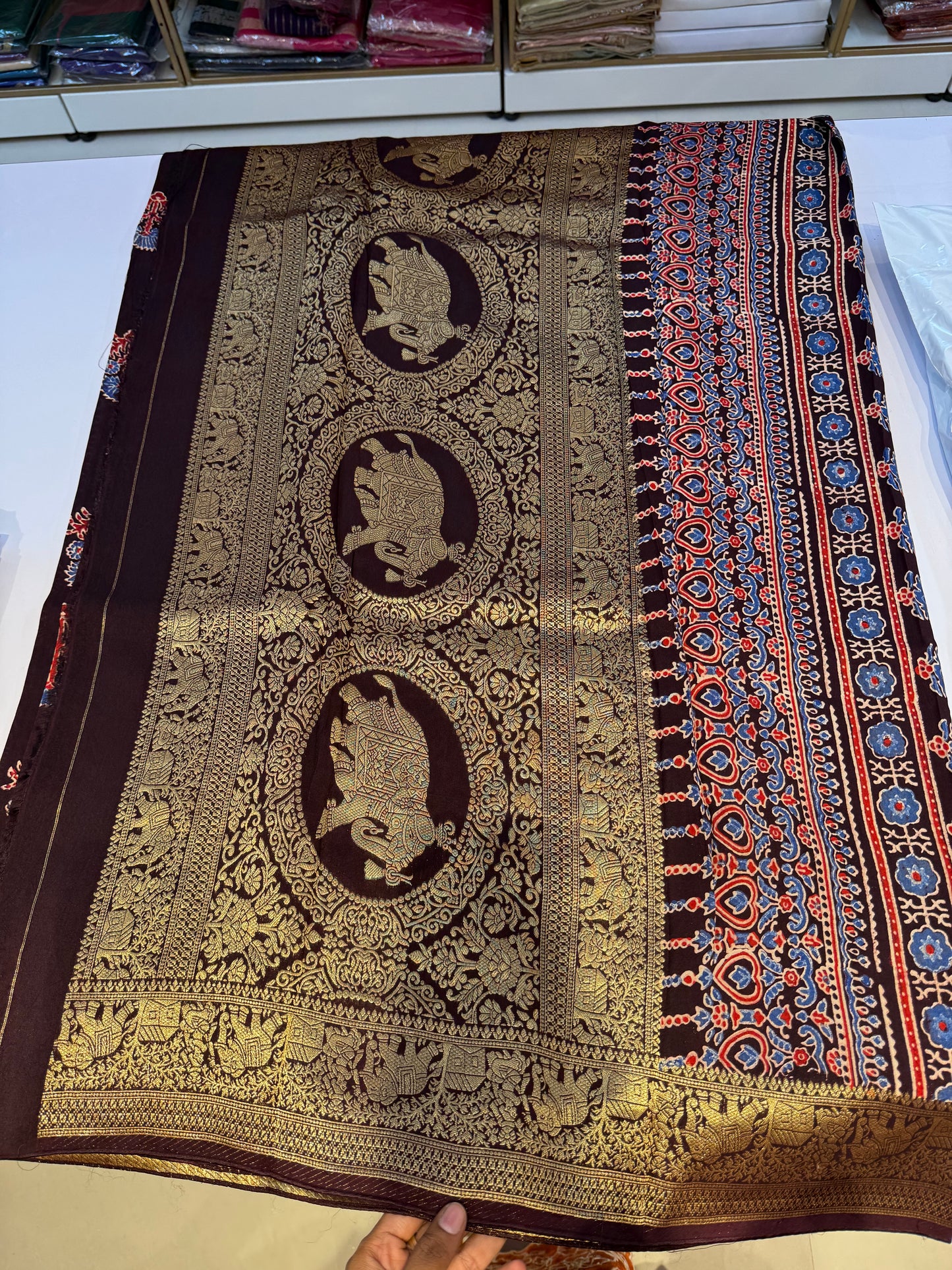 Dola Silk Saree with ajrakh hand block print