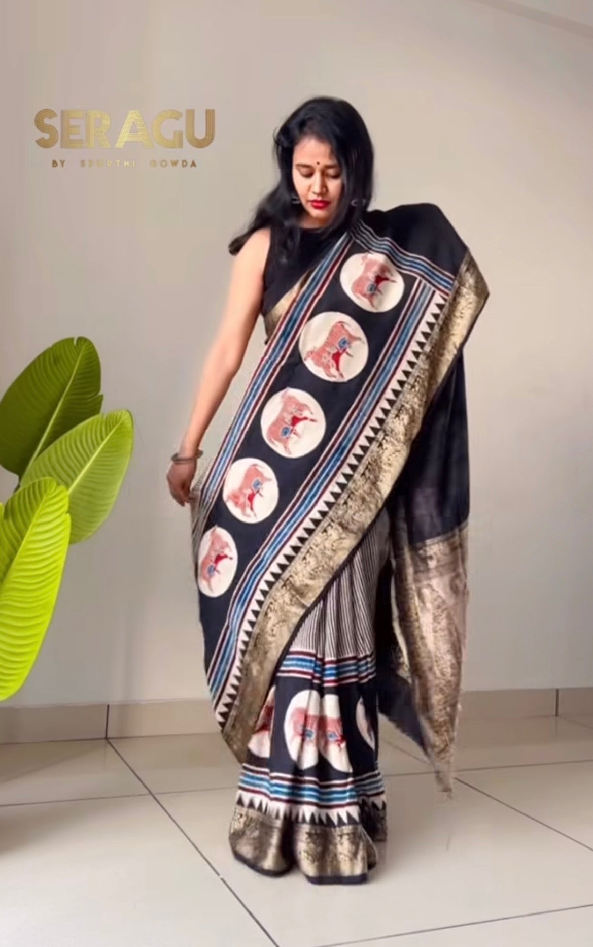 Dola Silk Saree with ajrakh hand block print