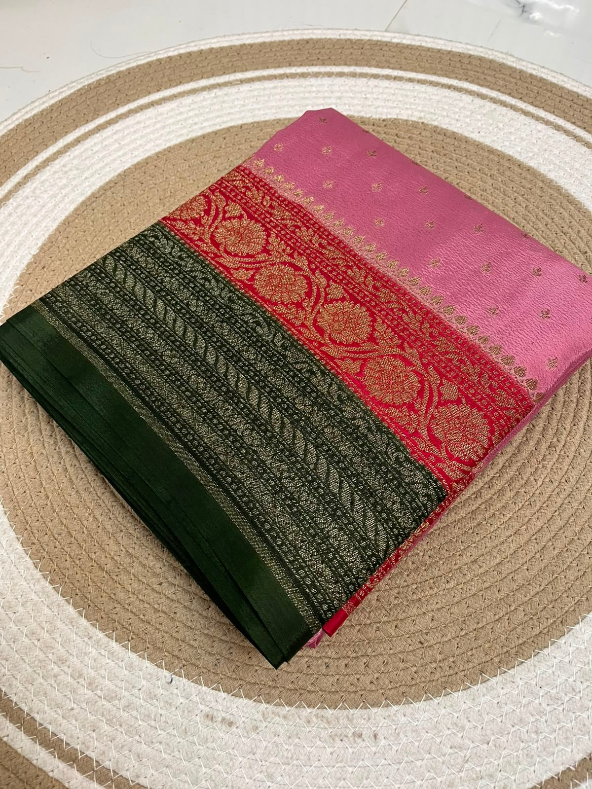 3D pink with red and olive green border Pure Crepe chiffon banarasi saree