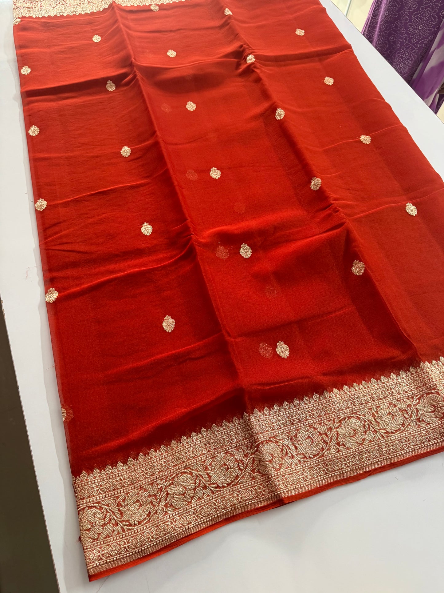 Rust Orange Pure chiffon Banarasi sarees