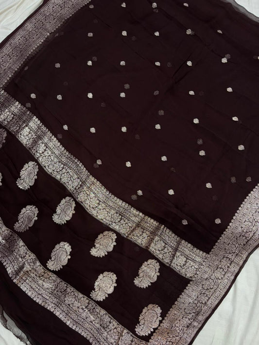 Coffe brown Pure chiffon Banarasi sarees