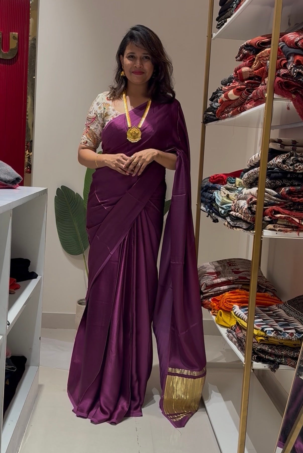 Purple pure plain modal silk saree with lagadi pallu