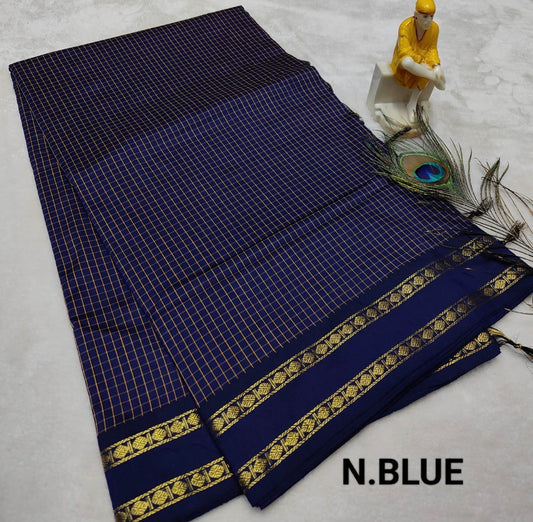 A gorgeous blue chequered cotton saree with a small blue border and a double rudraksham gold zari border(Navy blue)