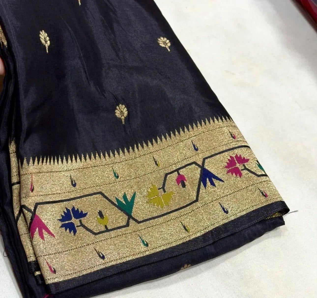 Black dola silk saree with paithani border.