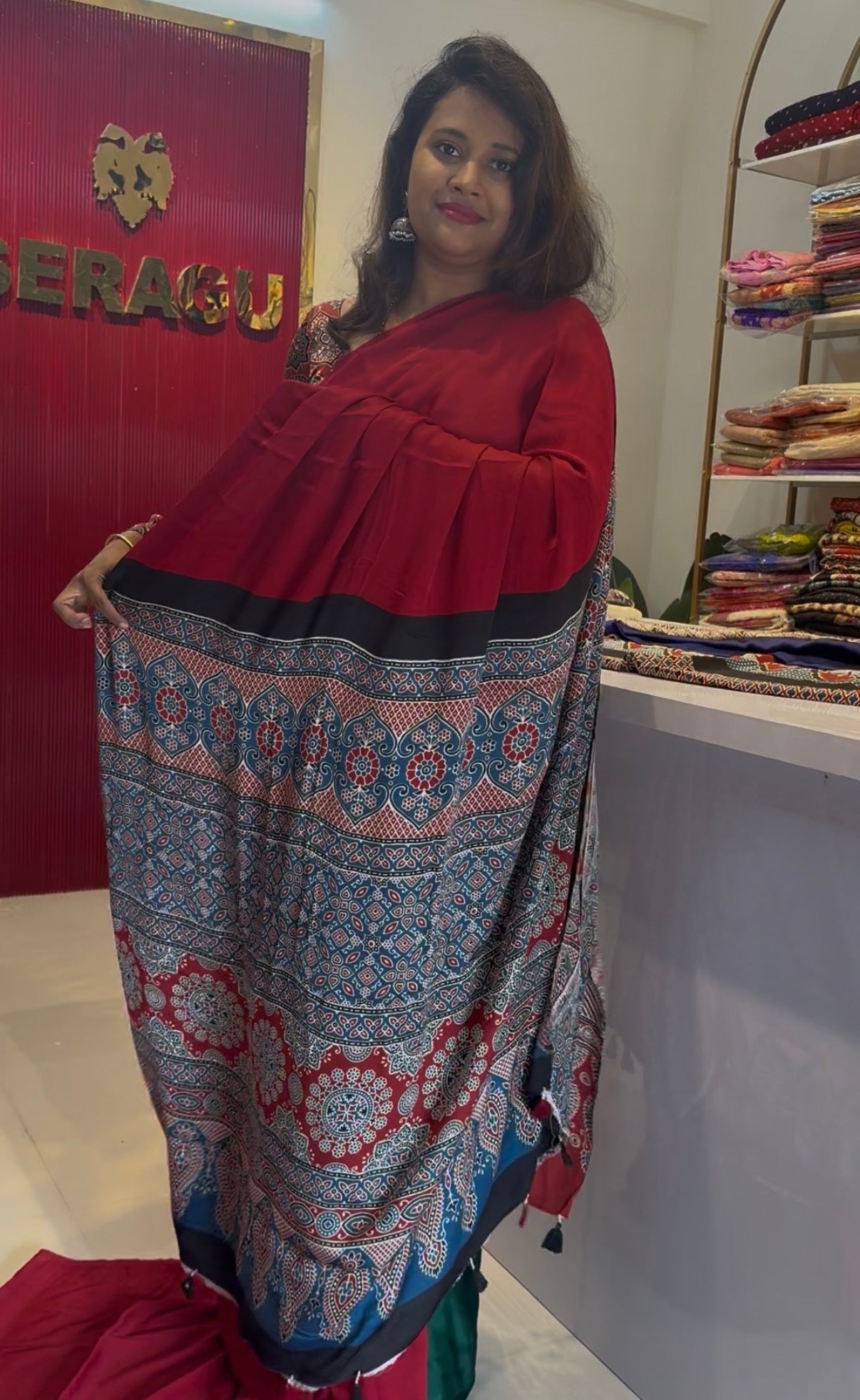 pure modal silk saree with ajrakh hand block print pallu and blouse