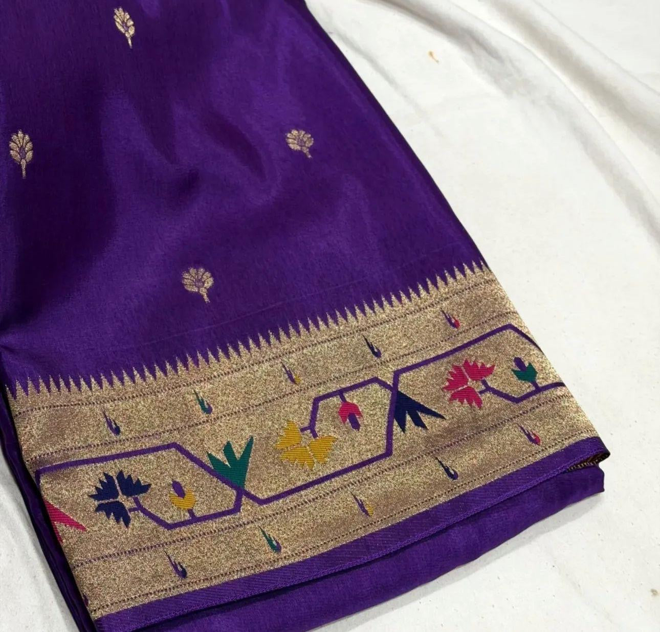 Purple dola silk saree with paithani border.