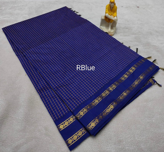 A gorgeous blue chequered cotton saree with a small blue border and a double rudraksham gold zari border(Royal blue)