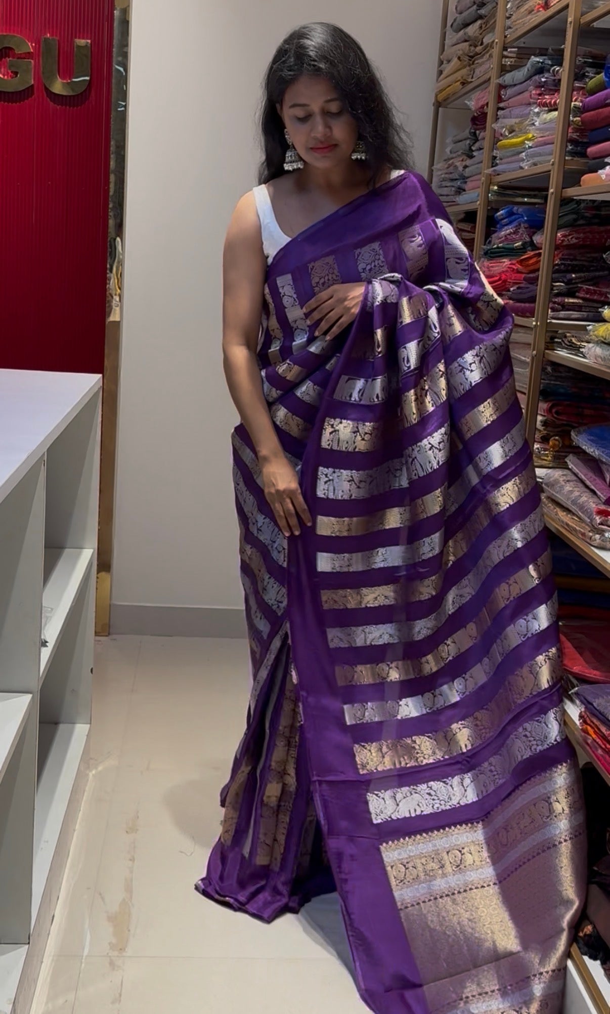 Soft Viscose Purple gold and silver sari weaving Saree