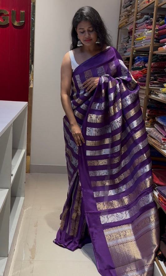 Soft Viscose Purple gold and silver sari weaving Saree