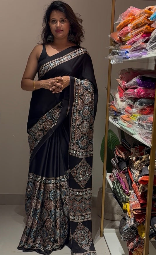 Real mirror glued black Ajrakh pure Modal Silk saree