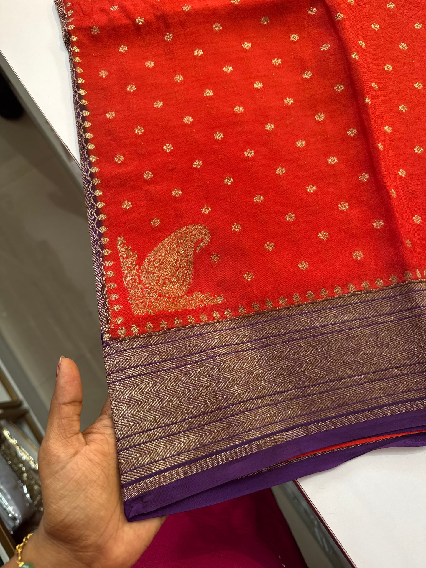 Orange with purple Pure Crepe chiffon banarasi saree with konia design(koniaorange)