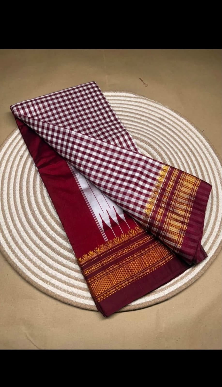 Maroon ilkal checked pure cotton saree