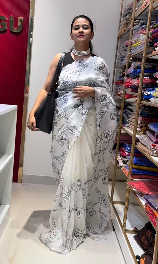 Floral black and white scallop design organza saree