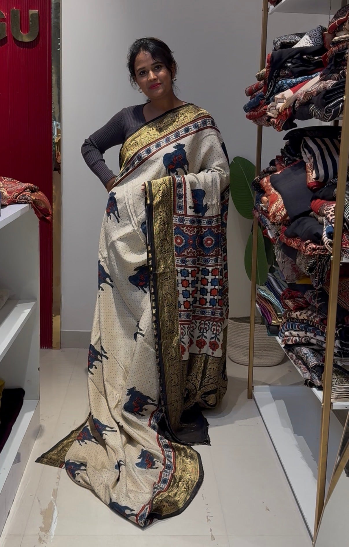 Pichwali Design Dola Silk Saree with ajrakh hand block print