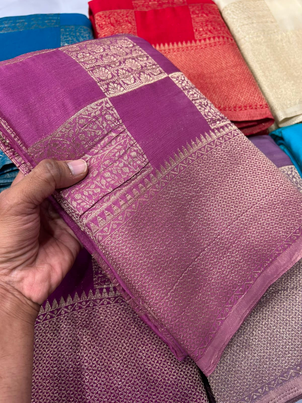Lavender georgette crushed zari saree