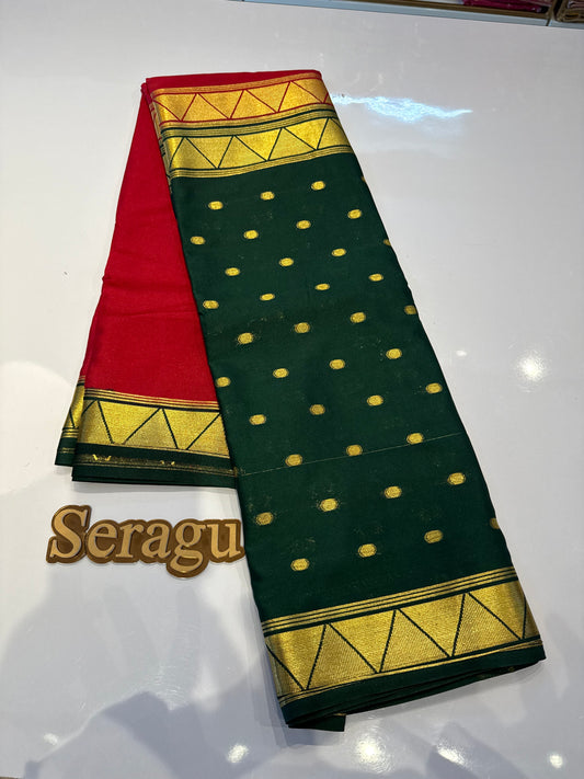Red with green half and half semi Mysore crepe silk saree