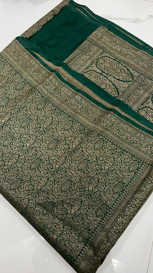 Green PURE BROCADE Khaddi Crepe Chiffon Handloom Banarasi Saree