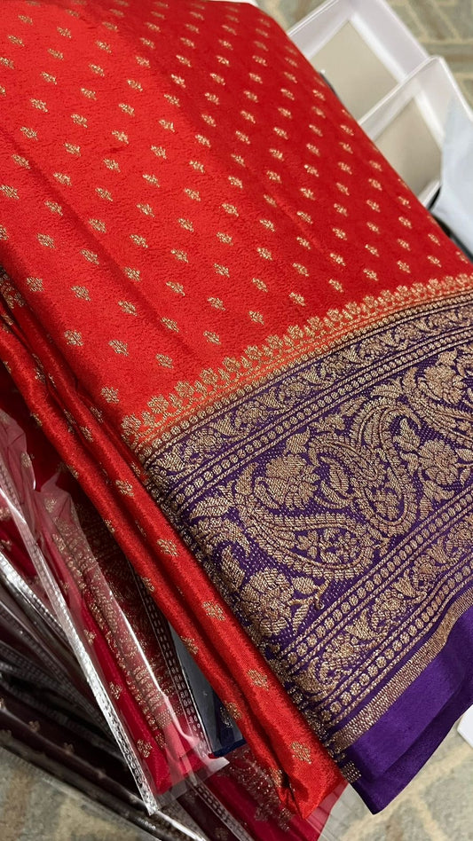 Orange With Purple Pure Crepe chiffon banarasi saree