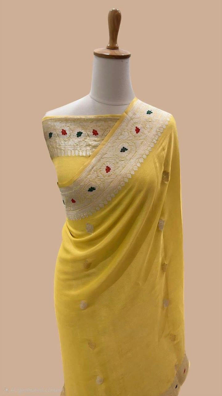 Yellow Banarasi pure tissue chiffon
saree sliver zari saree