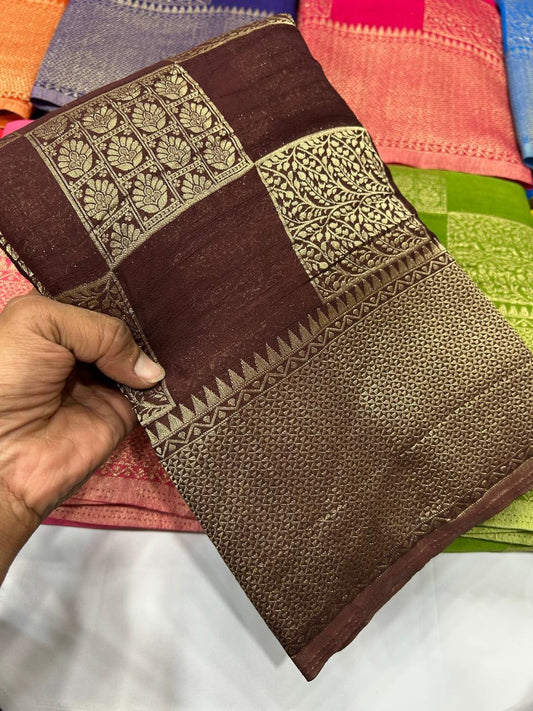 Brown georgette crushed zari saree