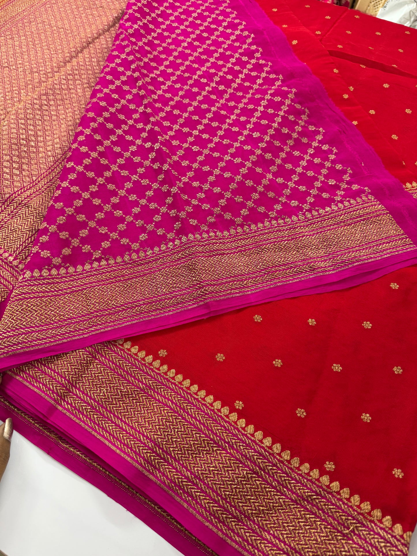 Red with pink pure crepe Banarasi saree