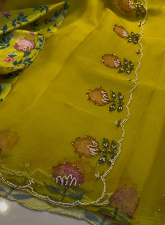 Designer lotus hand work lemon yellow saree