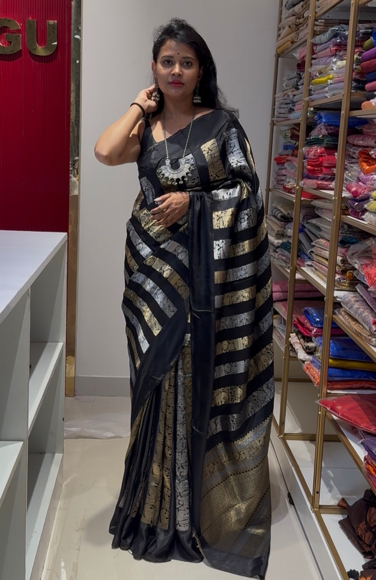 Banarasi Pattu with satin border Black gold and silver sari weaving Saree