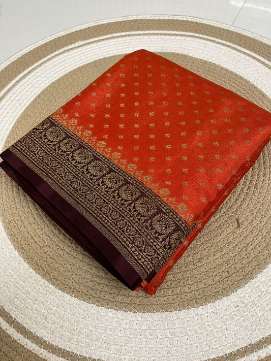 Rust orange with Brown Pure Crepe chiffon banarasi saree
