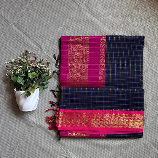 Blue with pink cotton silk saree