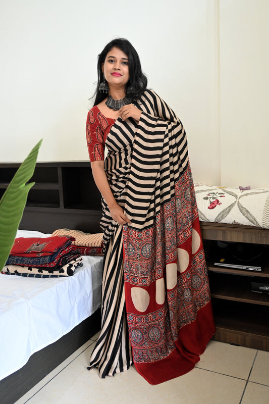Pure modal silk saree in black and white stripes
