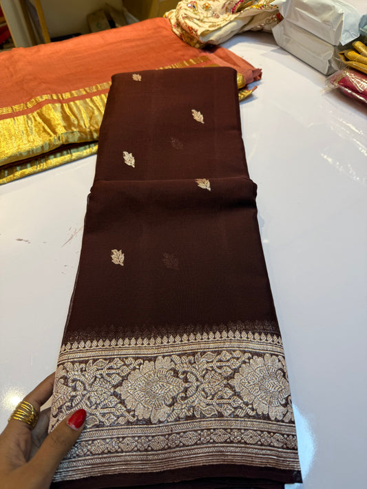 Chocolate brown pure chiffon Banarasi sarees