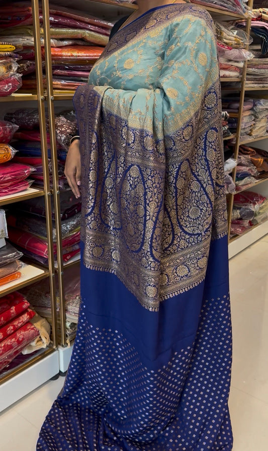 Aqua blue with royal blue pure crepe Banarasi saree(Aqua78)