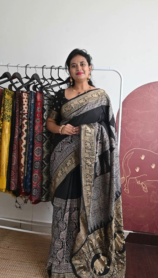Ajrakh Dola Silk Saree